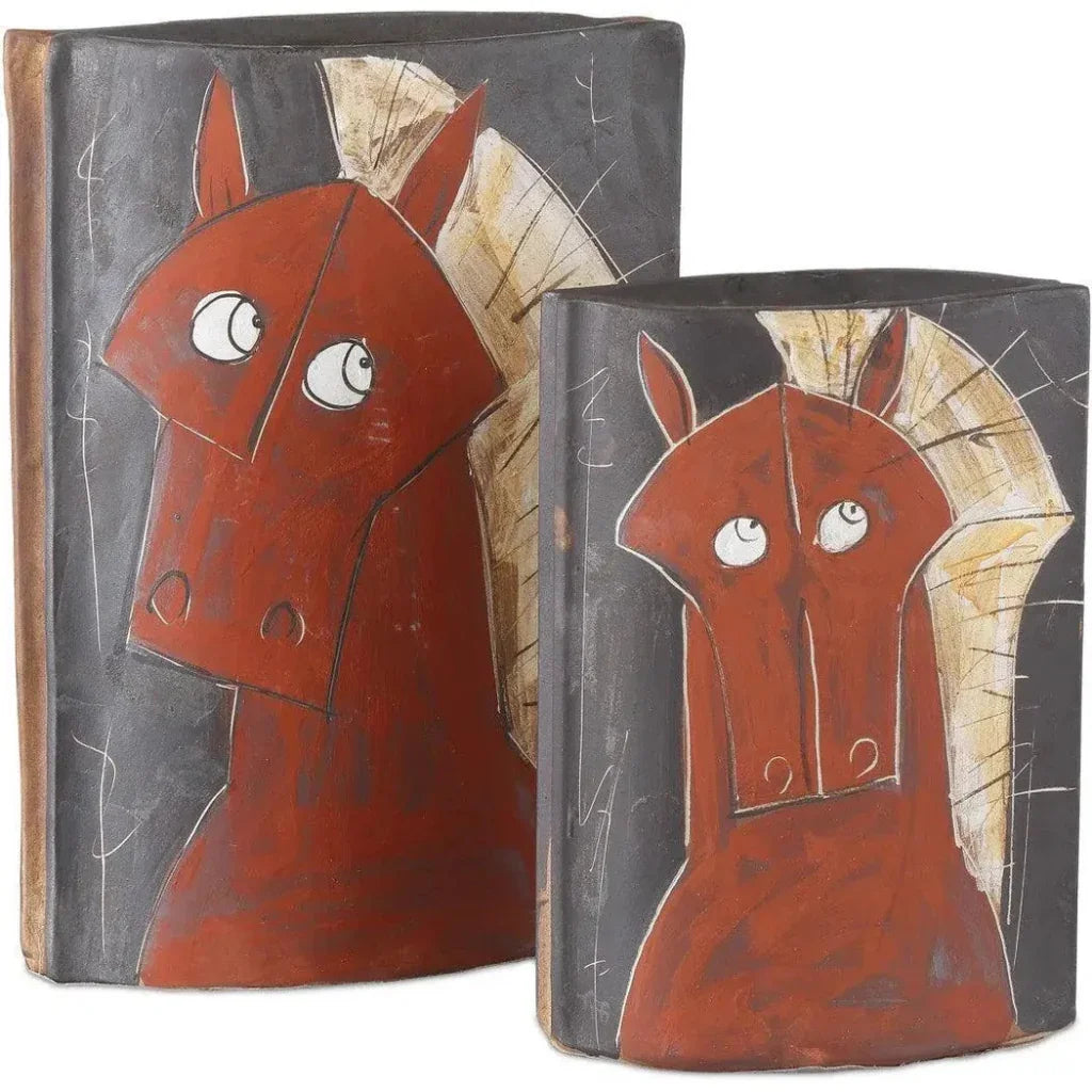 11.25 in. Artistic Horse Porcelain Red Vase - LOOMLAN - Currey & Co - Vases & Jars