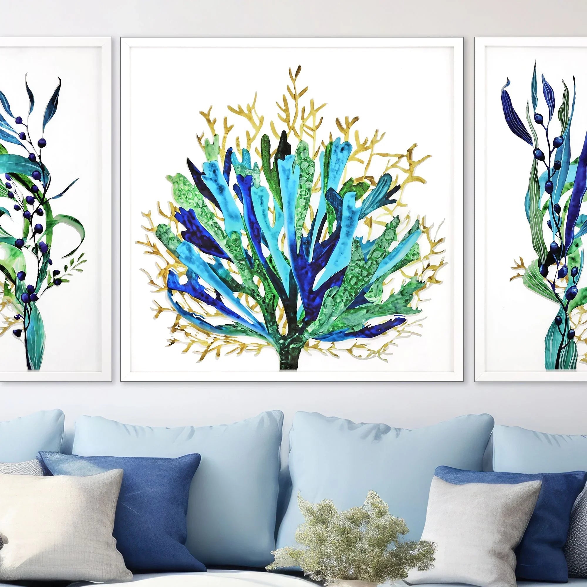 Sea Life Wood Frame Blue Canvas Art