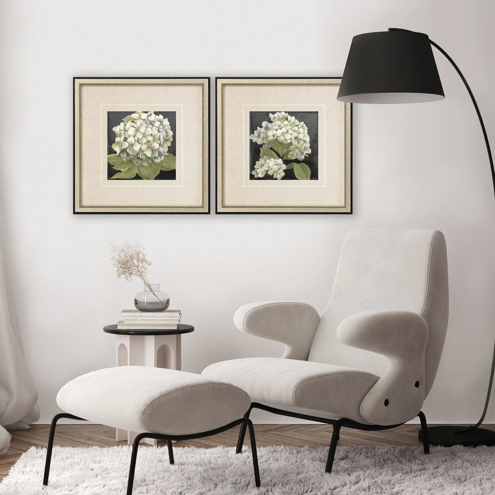 Hydrangeas on Black Wood Frame White Canvas Art 2PC