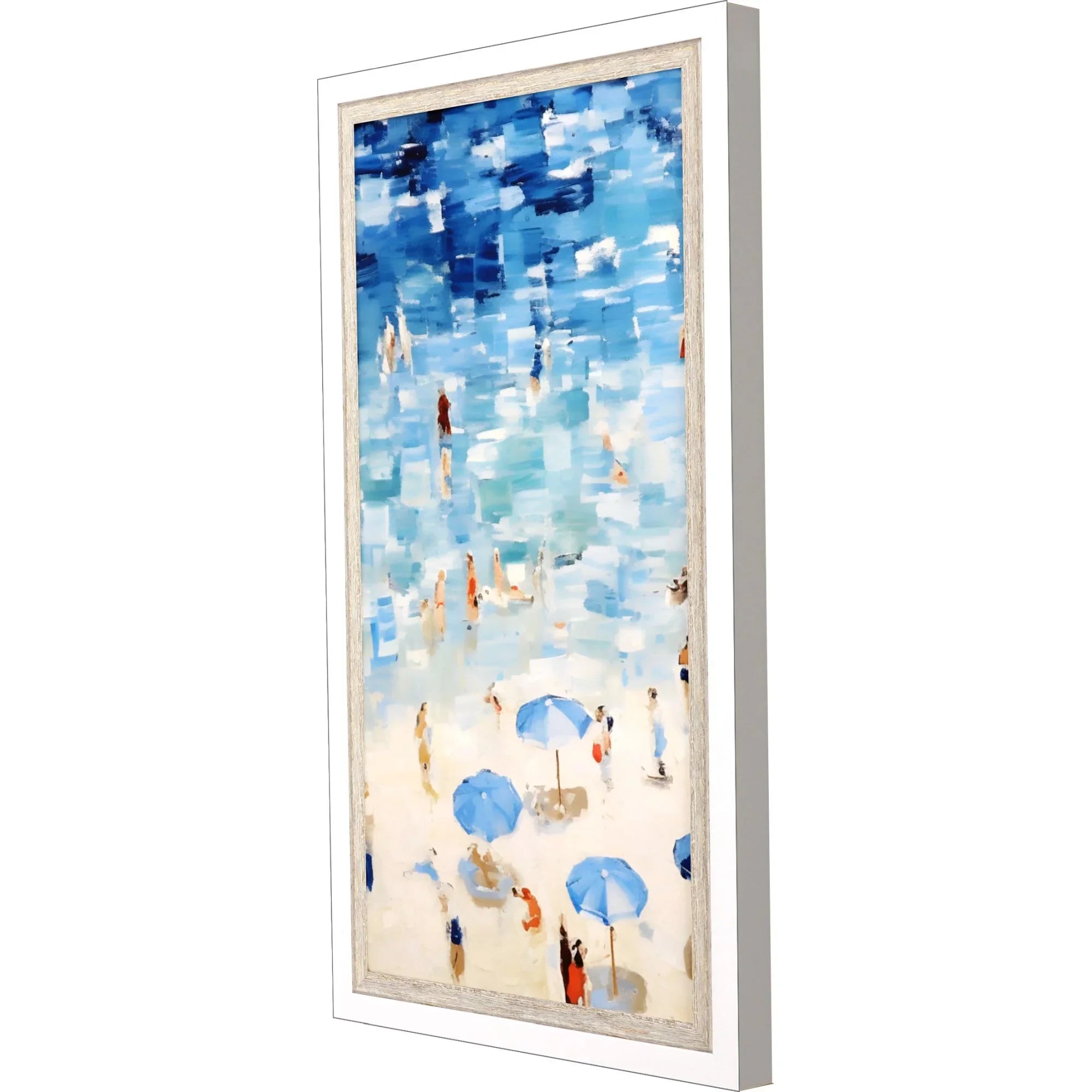 Aerial Beach Wood Frame Blue Canvas Art