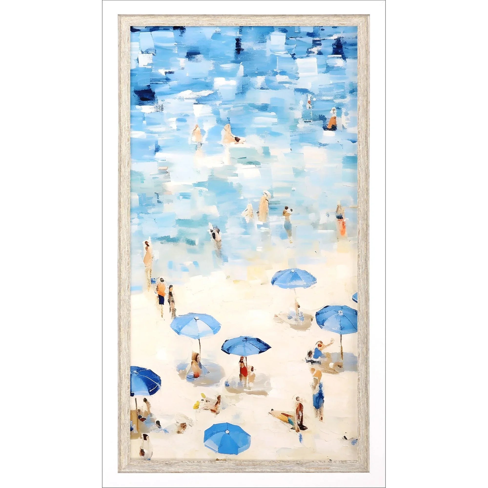 Aerial Beach Wood Frame Blue Canvas Art