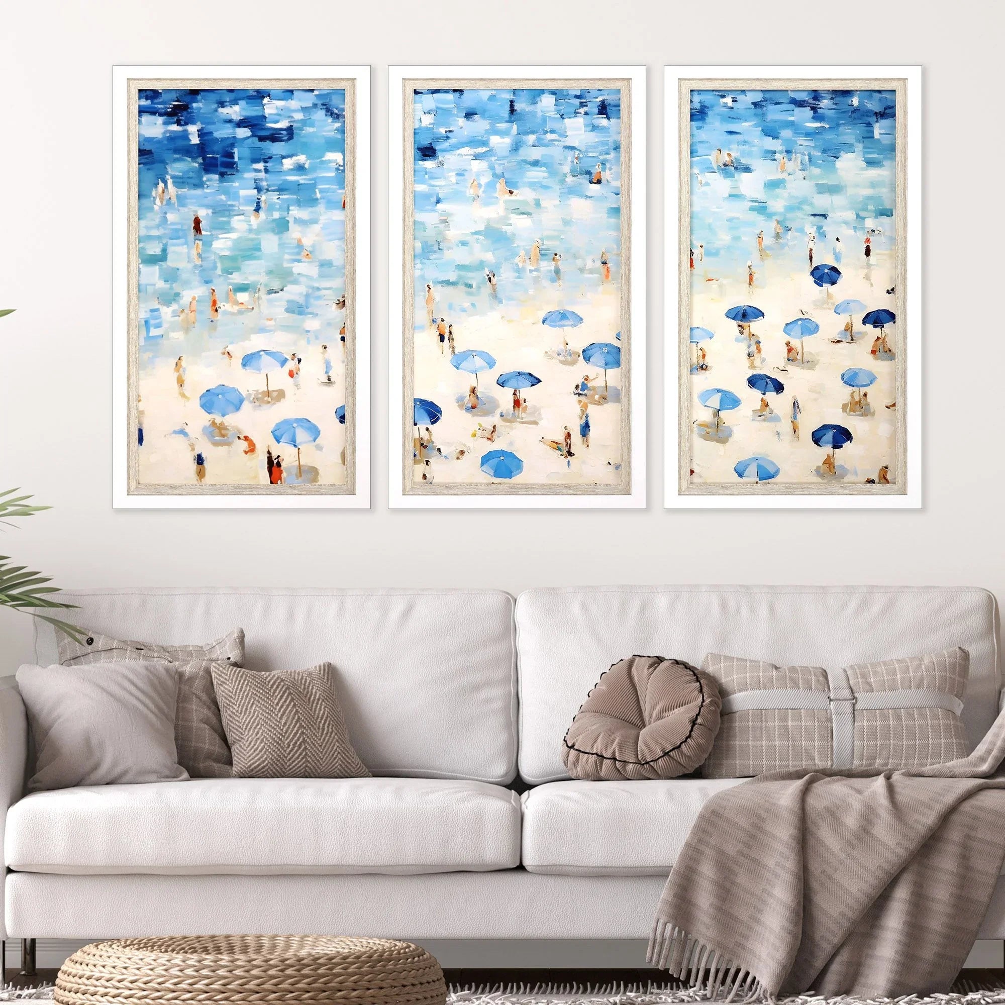 Aerial Beach Wood Frame Blue Canvas Art