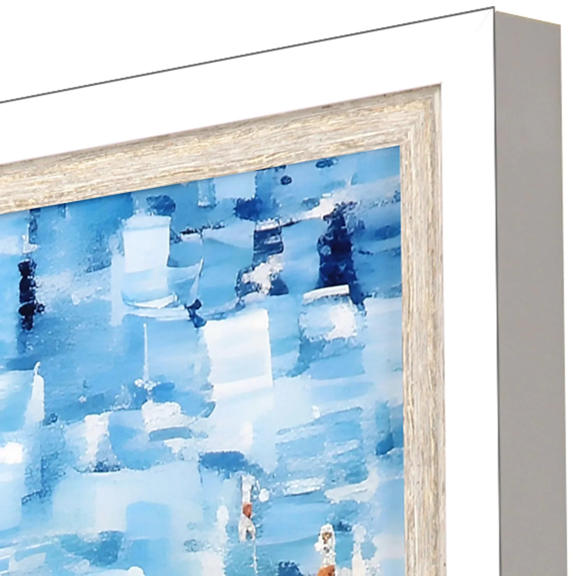 Aerial Beach Wood Frame Blue Canvas Art