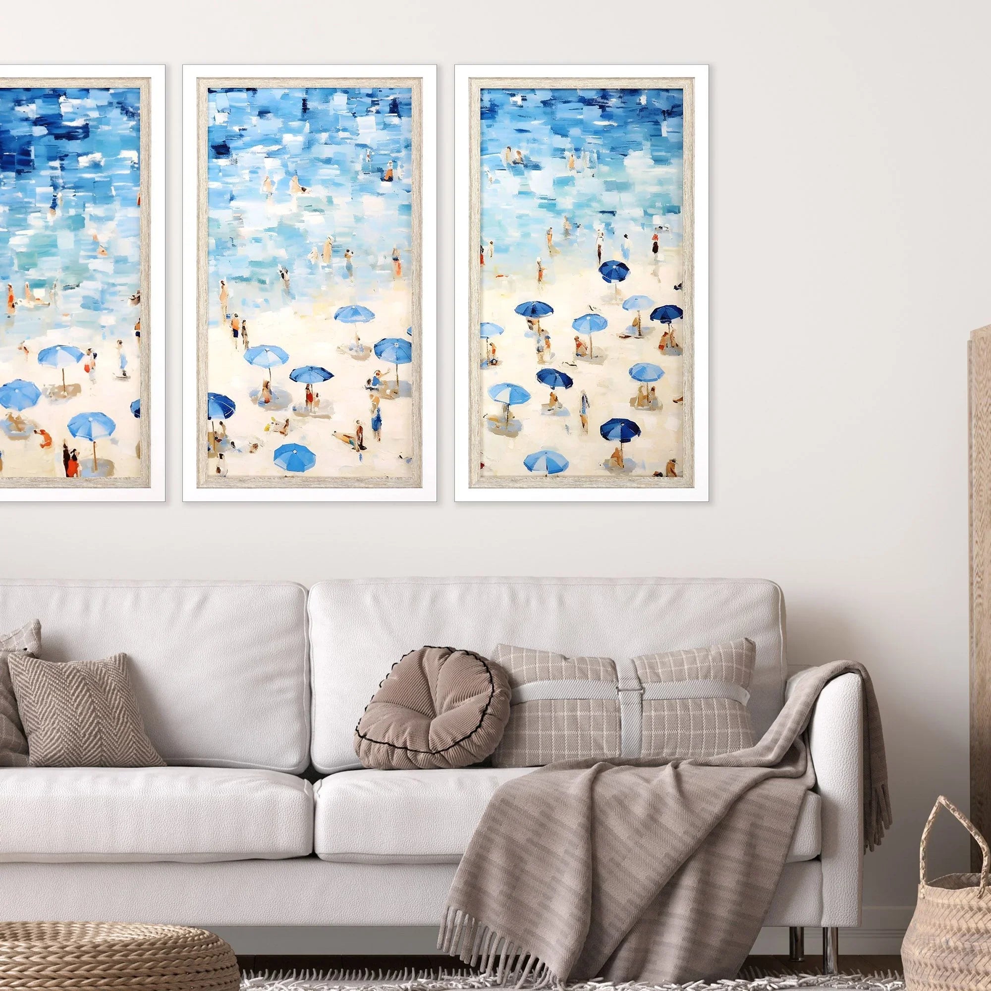 Aerial Beach Wood Frame Blue Canvas Art