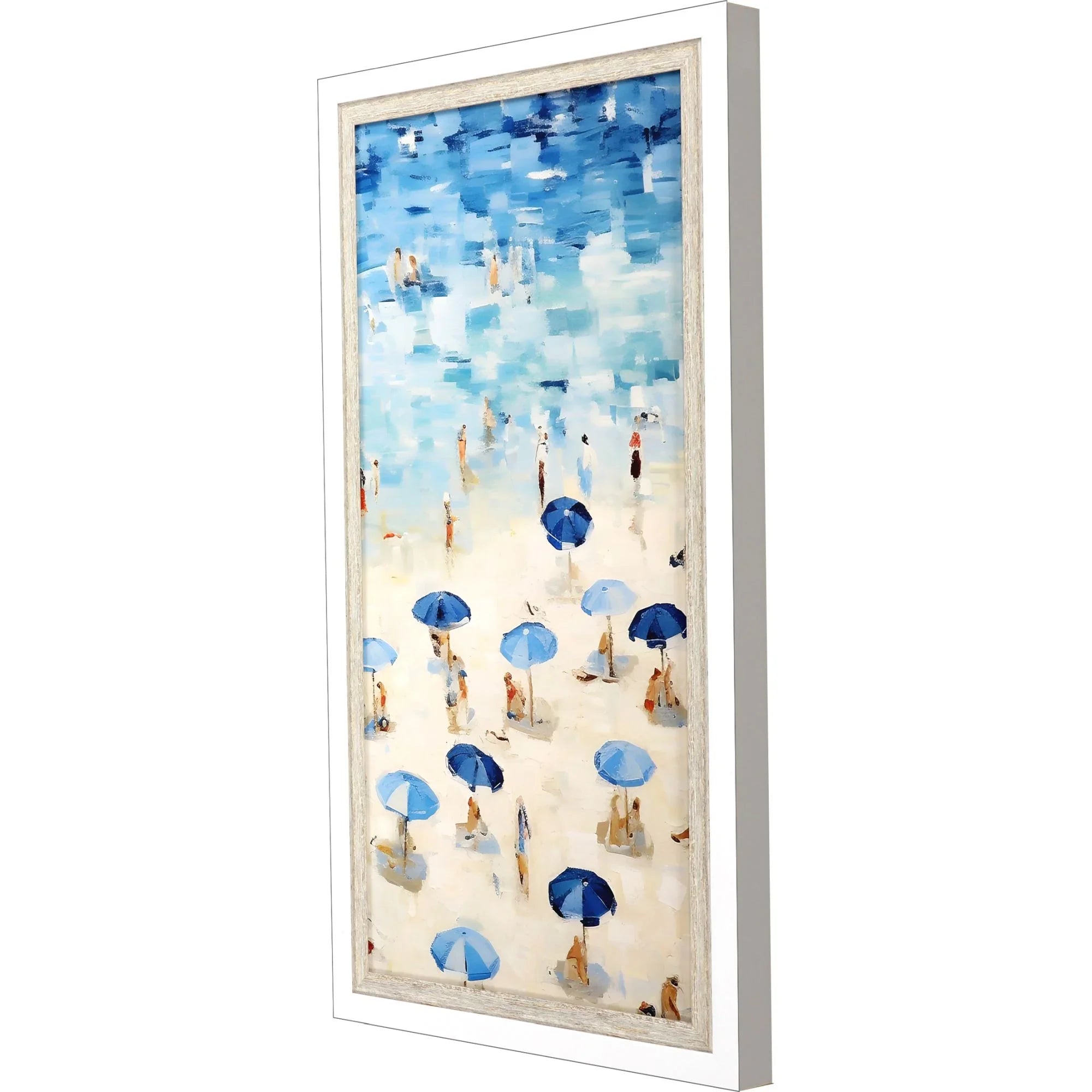 Aerial Beach Wood Frame Blue Canvas Art