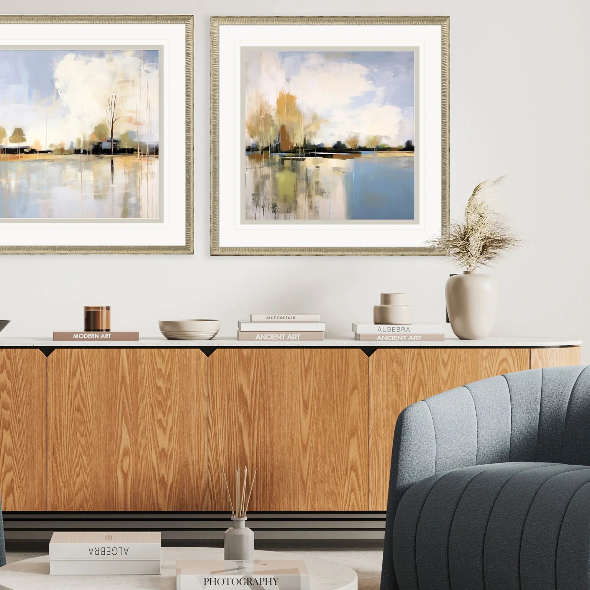 September Morning Wood Frame Blue Canvas Art