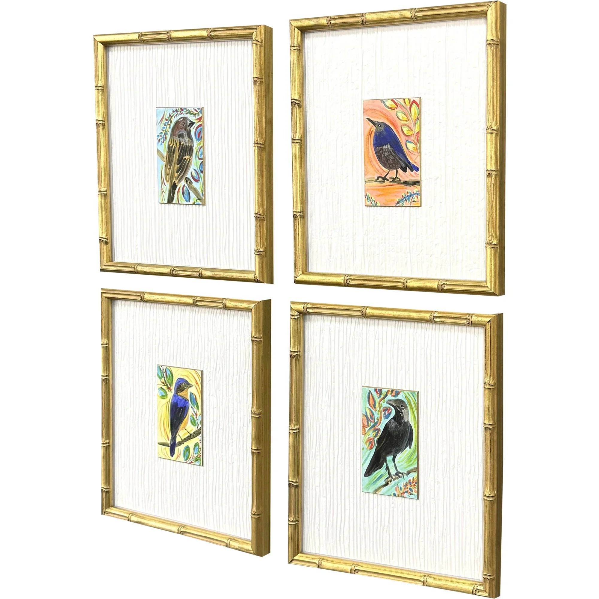 Sassy Birds Wood Frame Blue Canvas Art 4PC