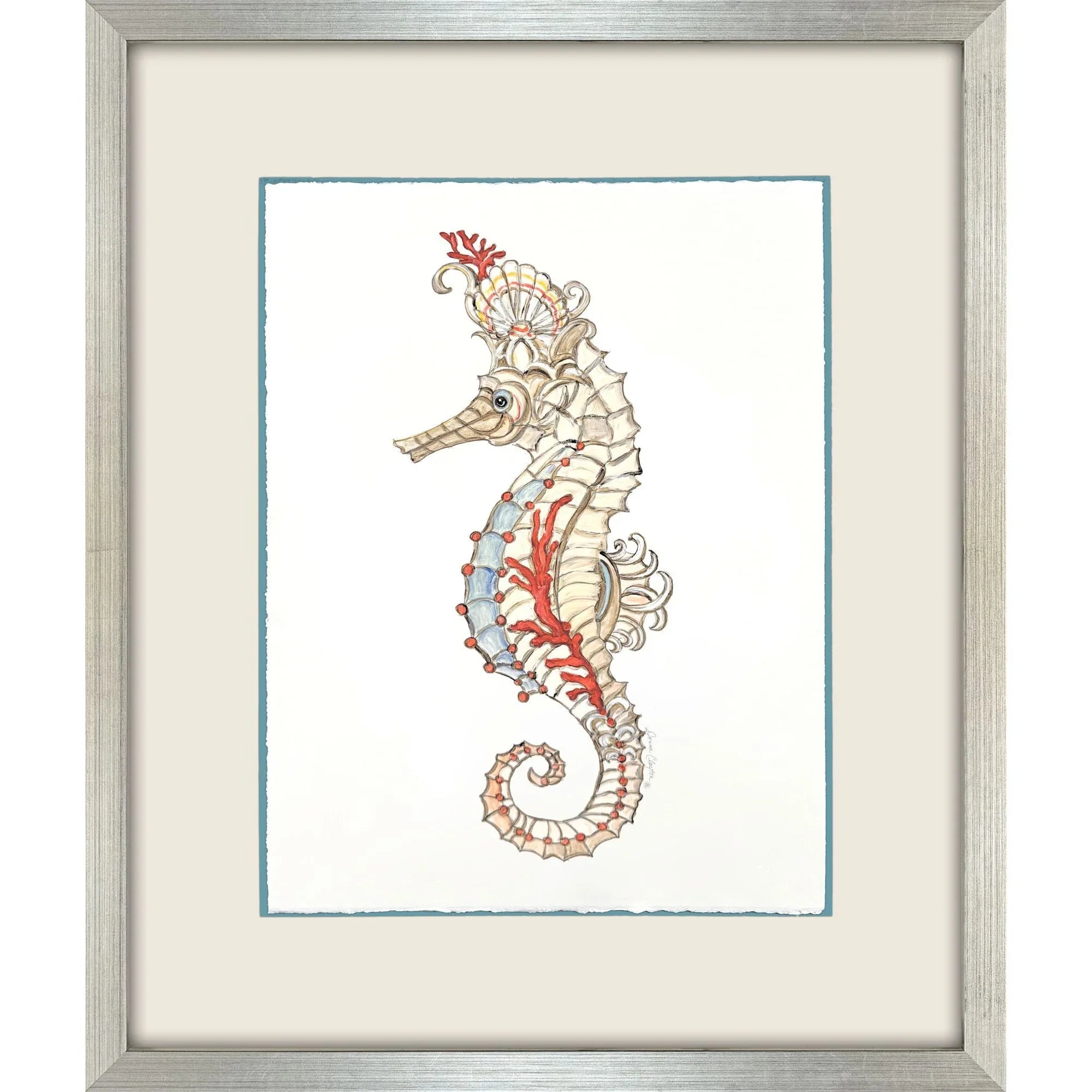 Seahorse Celebration Wood Frame Orange Canvas Art