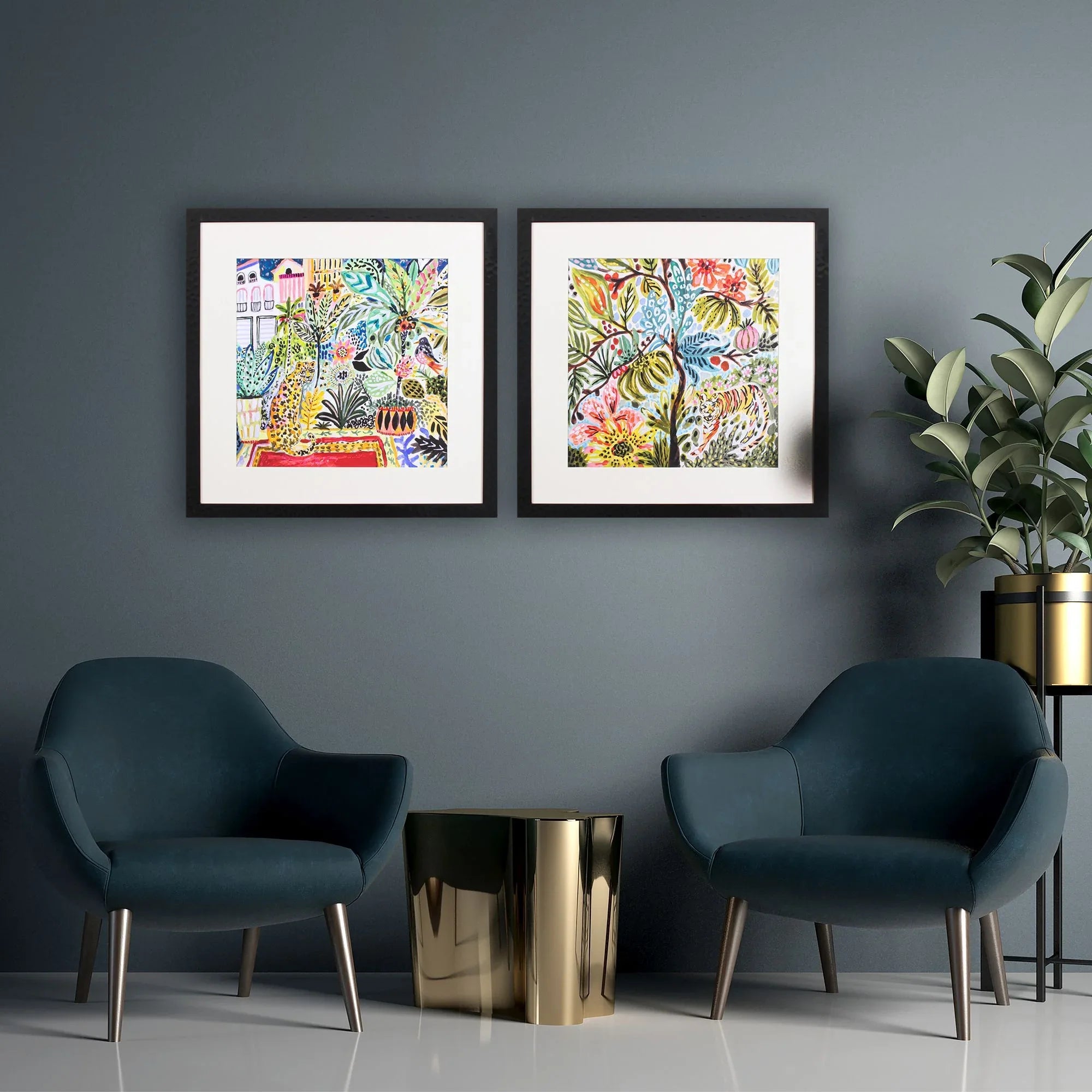 Jungle Cat Landscape Green Canvas Art 2PC