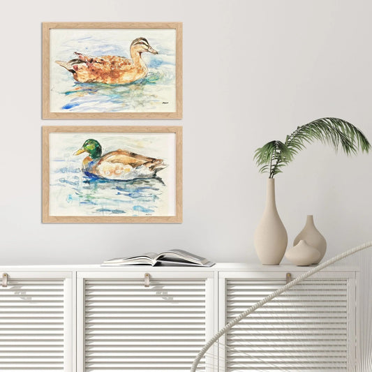 Water Duck Brown Canvas Art 2PC