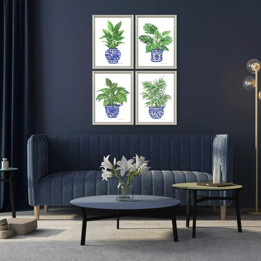 Botanical Blues Wood Frame Canvas Art 4PC