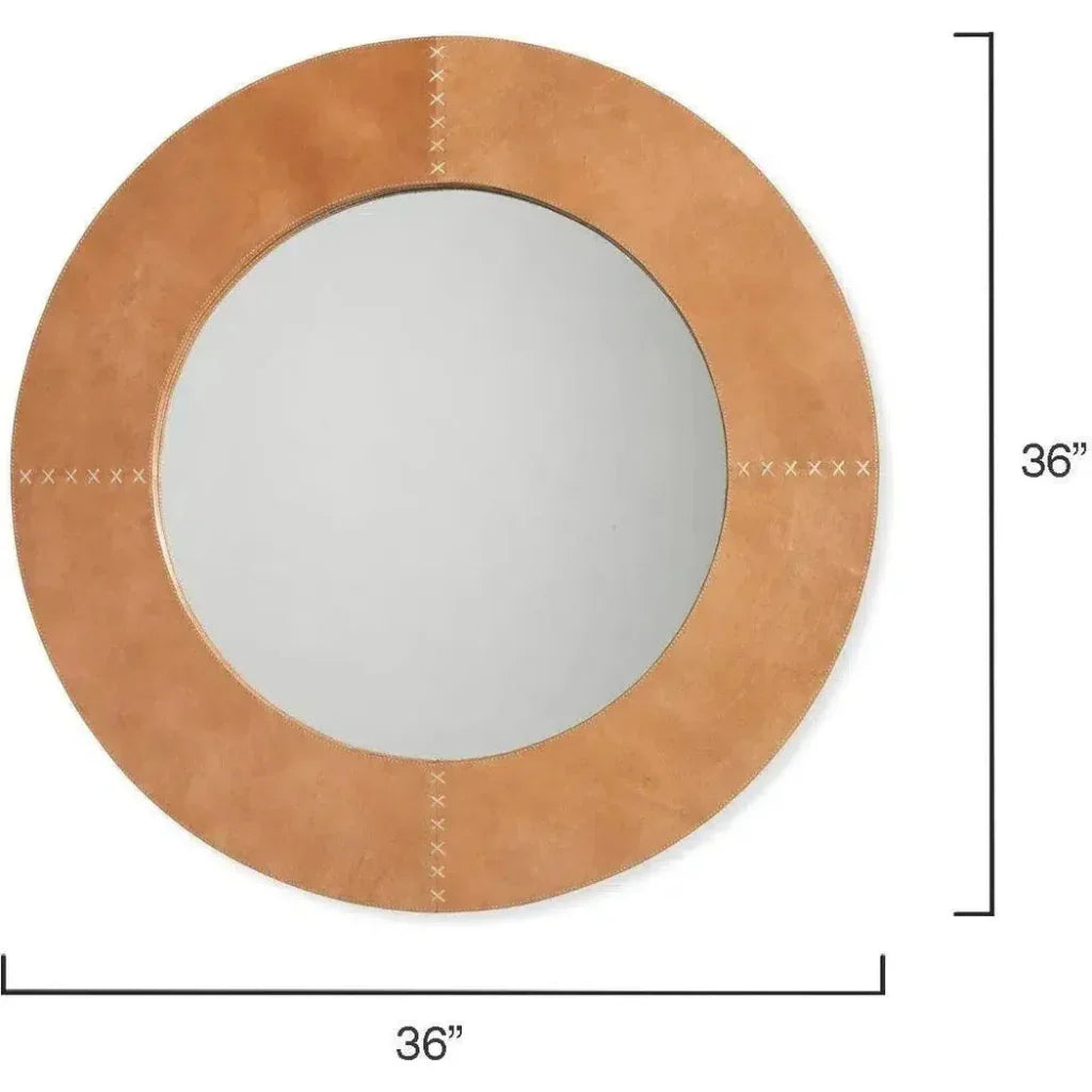 Brown Leather Round Cross Stitch Wall Mirror - LOOMLAN - Jamie Young - Wall Mirrors