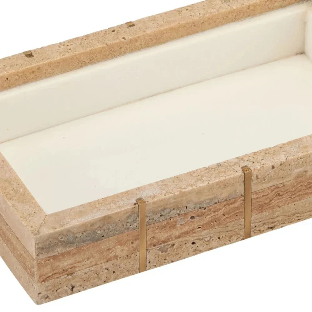 Dezi Natural Brass Inlay Travertine Box - LOOMLAN - Currey & Co - Boxes & Bowls