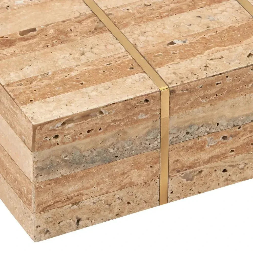 Dezi Natural Brass Inlay Travertine Box - LOOMLAN - Currey & Co - Boxes & Bowls