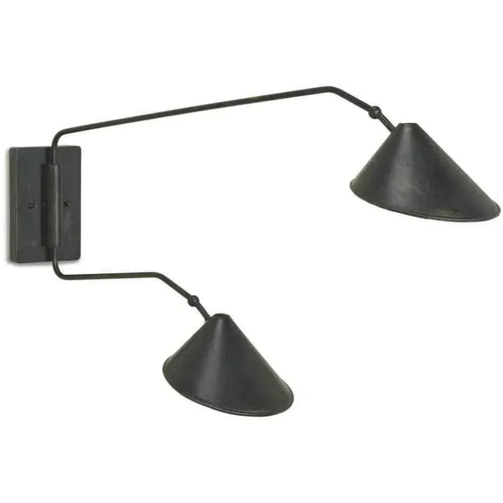 French Black Gold Leaf Serpa Double Wall Sconce - LOOMLAN - Currey & Co - Wall Sconces
