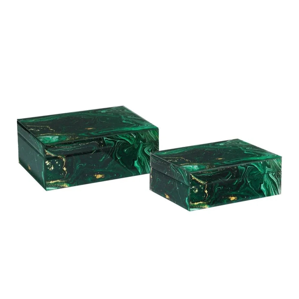 Glass Interstellar Green Marbled Box Set 2PC - LOOMLAN - Currey & Co - Boxes & Bowls