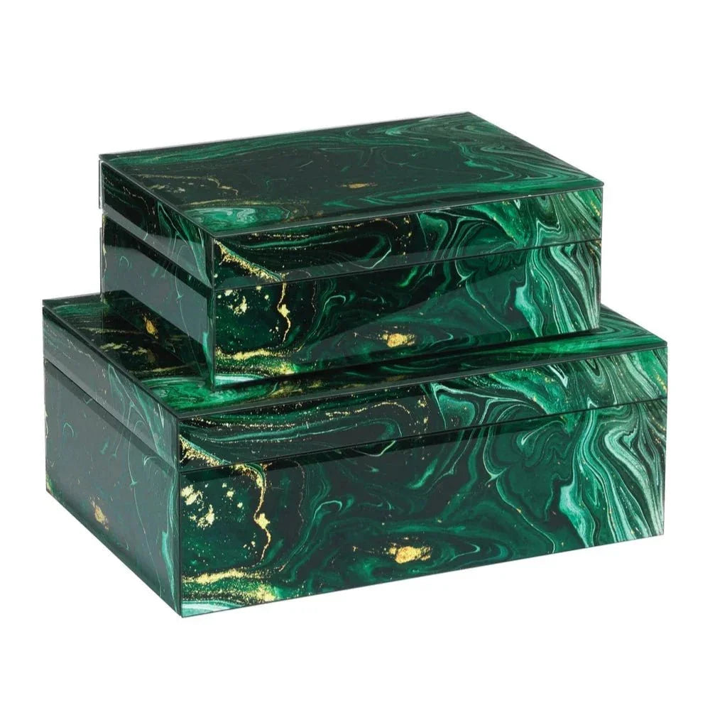 Glass Interstellar Green Marbled Box Set 2PC - LOOMLAN - Currey & Co - Boxes & Bowls