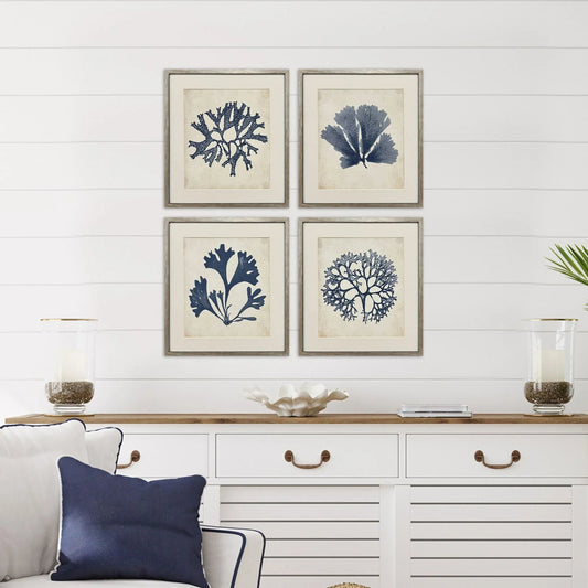 Indigo Sea Life Wood Frame Blue Canvas Art 4PC