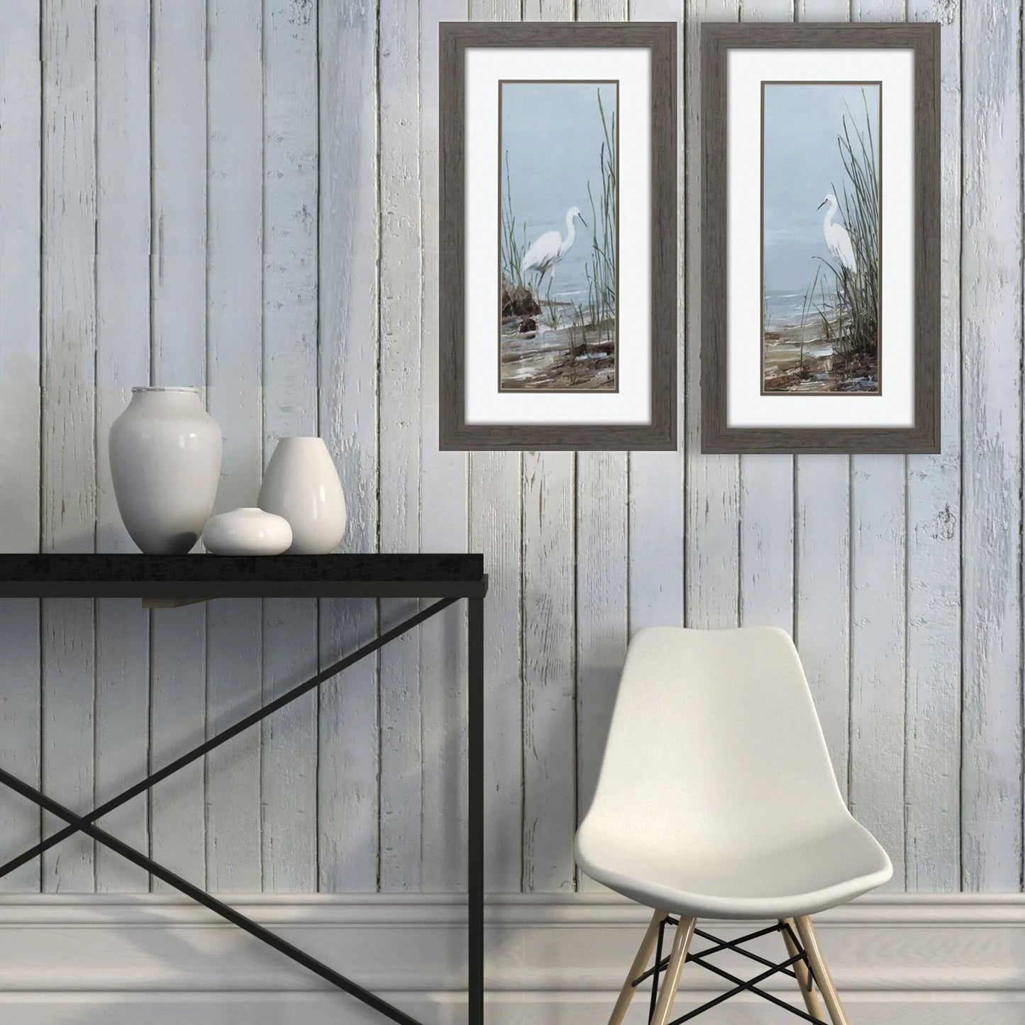 Island Egret Blue Canvas Art 2PC