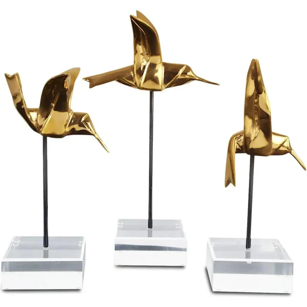 Metal & Acrylic Gold Hummingbirds Sculpture Set of 3 - LOOMLAN - Currey & Co - Statues & Sculptures