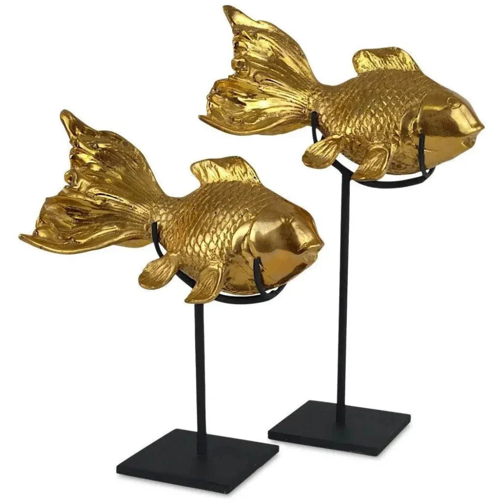 Metal Gold Goldfish Sculpture (Set of 2) - LOOMLAN - Currey & Co - Statues & Sculptures