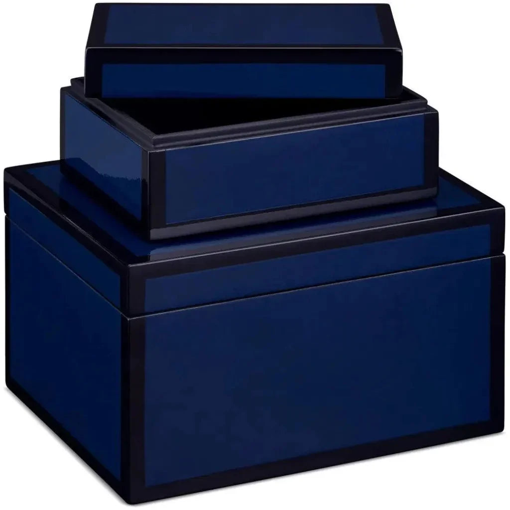 Navy Lacquer Wood Blue Box (Set of 2) - LOOMLAN - Currey & Co - Boxes & Bowls