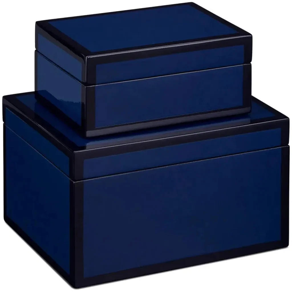 Navy Lacquer Wood Blue Box (Set of 2) - LOOMLAN - Currey & Co - Boxes & Bowls