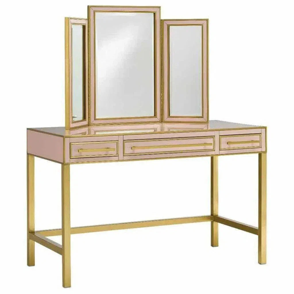 Silver Peony Satin Brass Arden Pink Vanity Mirror - LOOMLAN - Currey & Co - Wall Mirrors