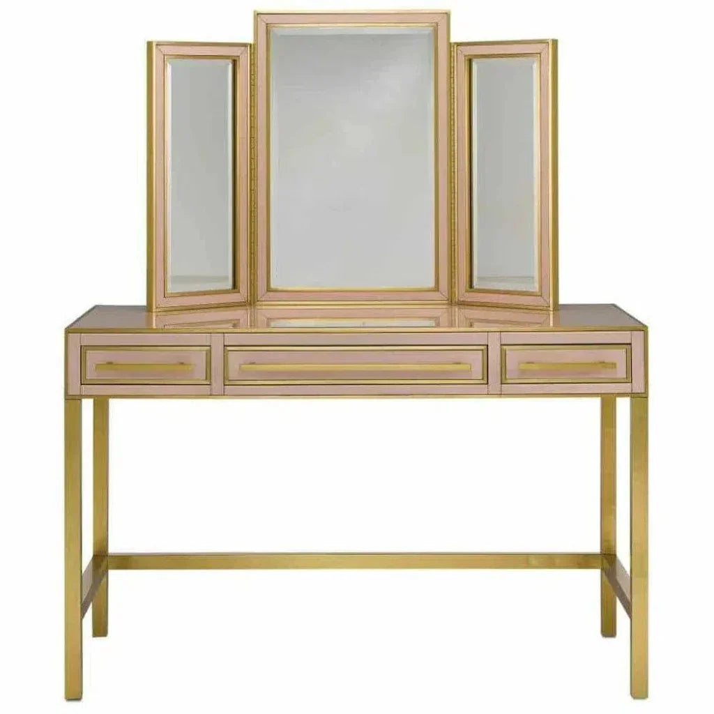 Silver Peony Satin Brass Arden Pink Vanity Mirror - LOOMLAN - Currey & Co - Wall Mirrors