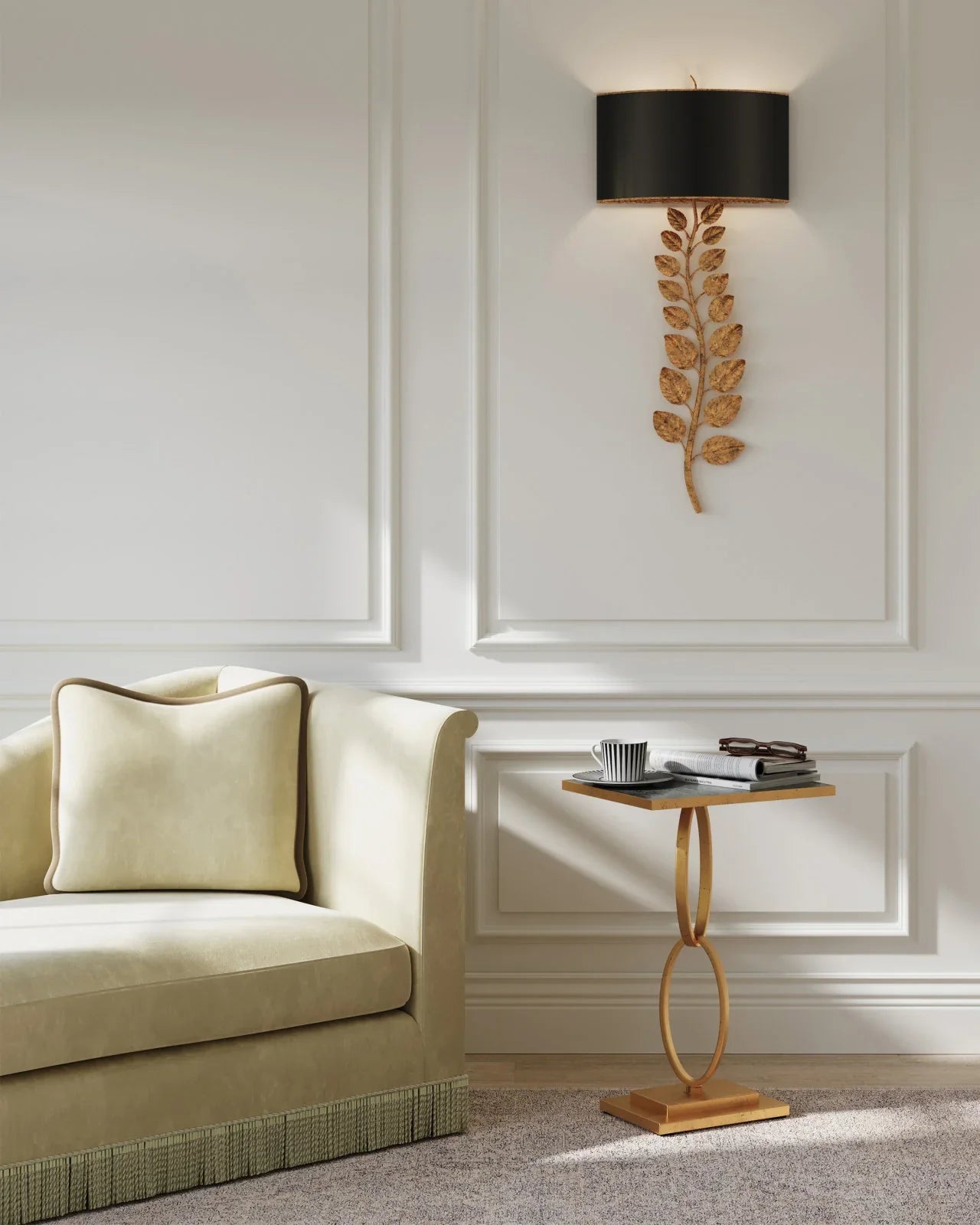 Textured Gold Leaf Satin Black Birdwood Wall Sconce - LOOMLAN - Currey & Co - Wall Sconces