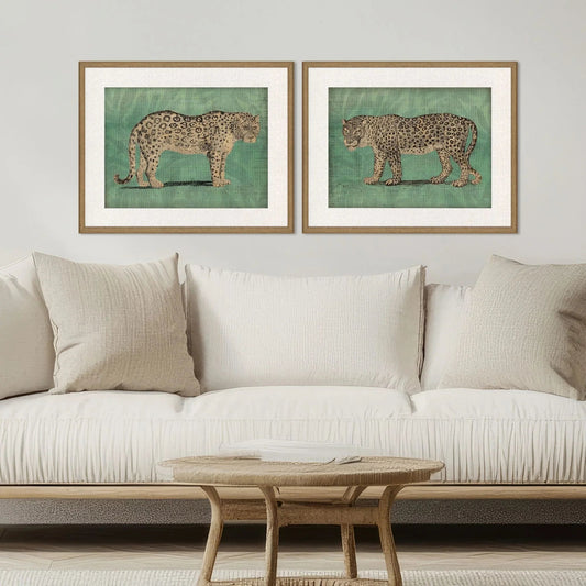 Vintage Cats Wood Frame Green Canvas Art 2PC