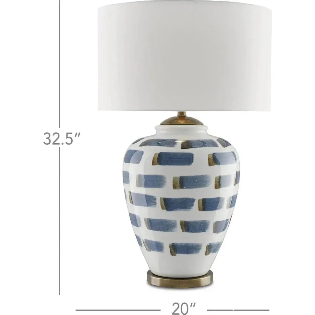 White Blue Antique Brass Brushstroke Table Lamp - LOOMLAN - Currey & Co - Table Lamps