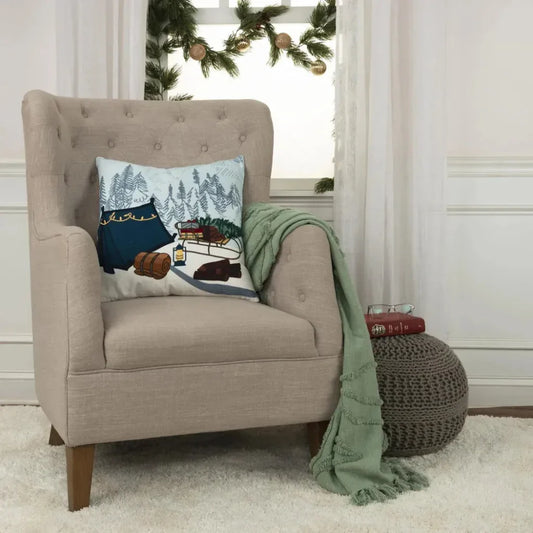 White Christmas Throw Pillow Campsite White & Blue Zuri - LOOMLAN - LOOMLAN - Throw Pillows