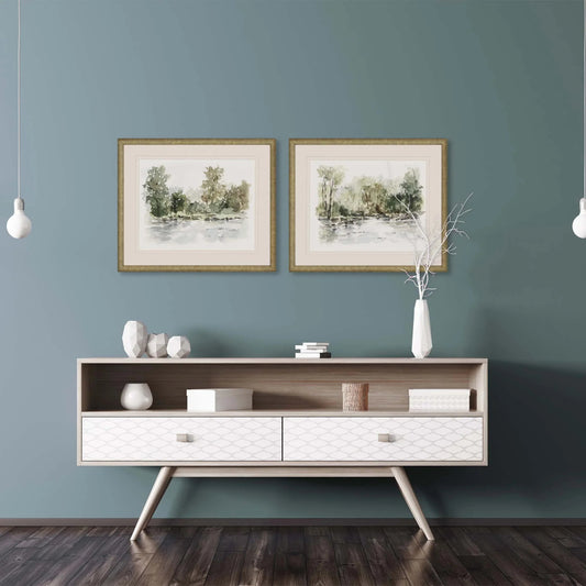 Wooded Stream Wood Frame Green Canvas Art 2PC