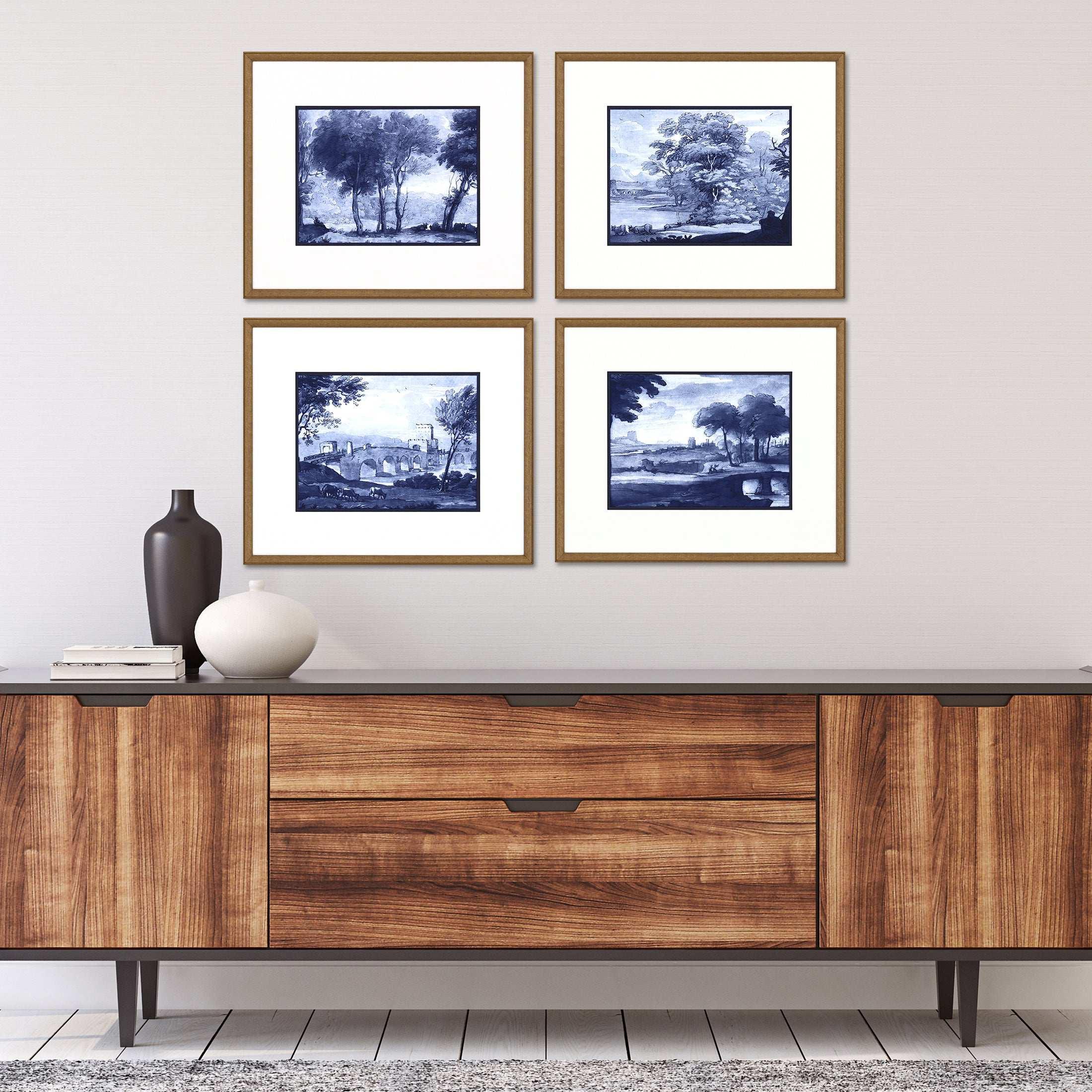 Pastoral Toile Wood Frame Blue Canvas Art 4PC