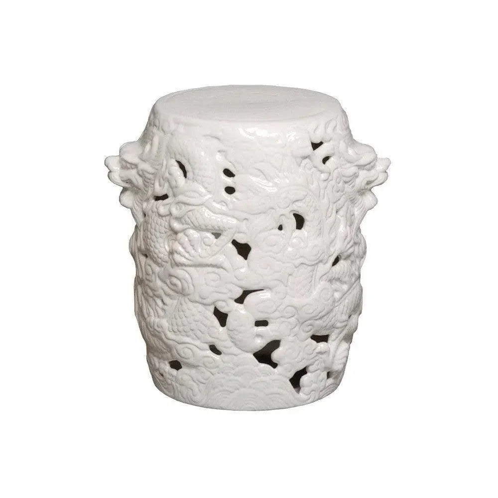 16 in. Dragon White Ceramic Outdoor Garden Stool-Garden Stools-Emissary-LOOMLAN