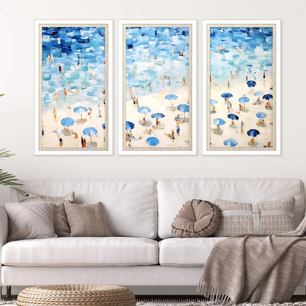 Aerial Beach Wood Frame Blue Canvas Art