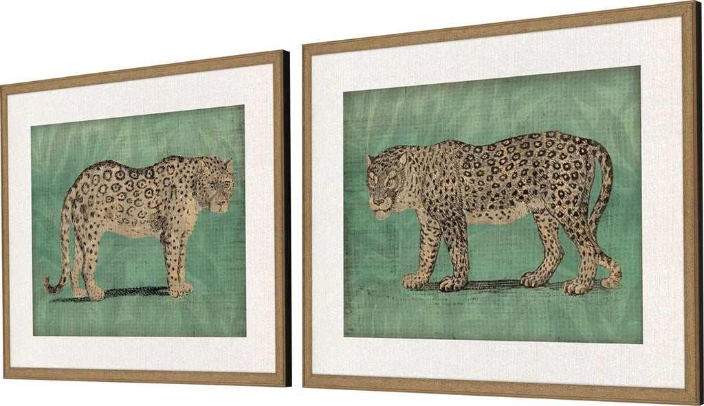 Vintage Cats Wood Frame Green Canvas Art 2PC