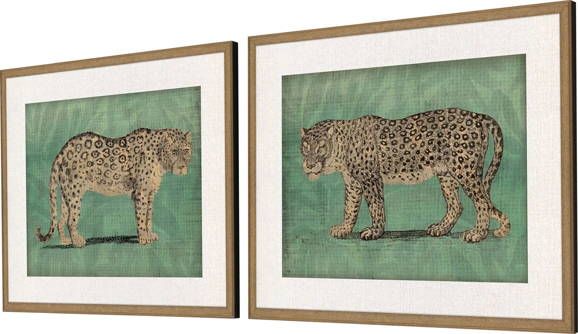 Vintage Cats Wood Frame Green Canvas Art 2PC