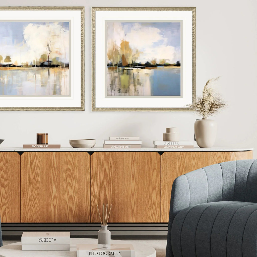 September Morning Wood Frame Blue Canvas Art