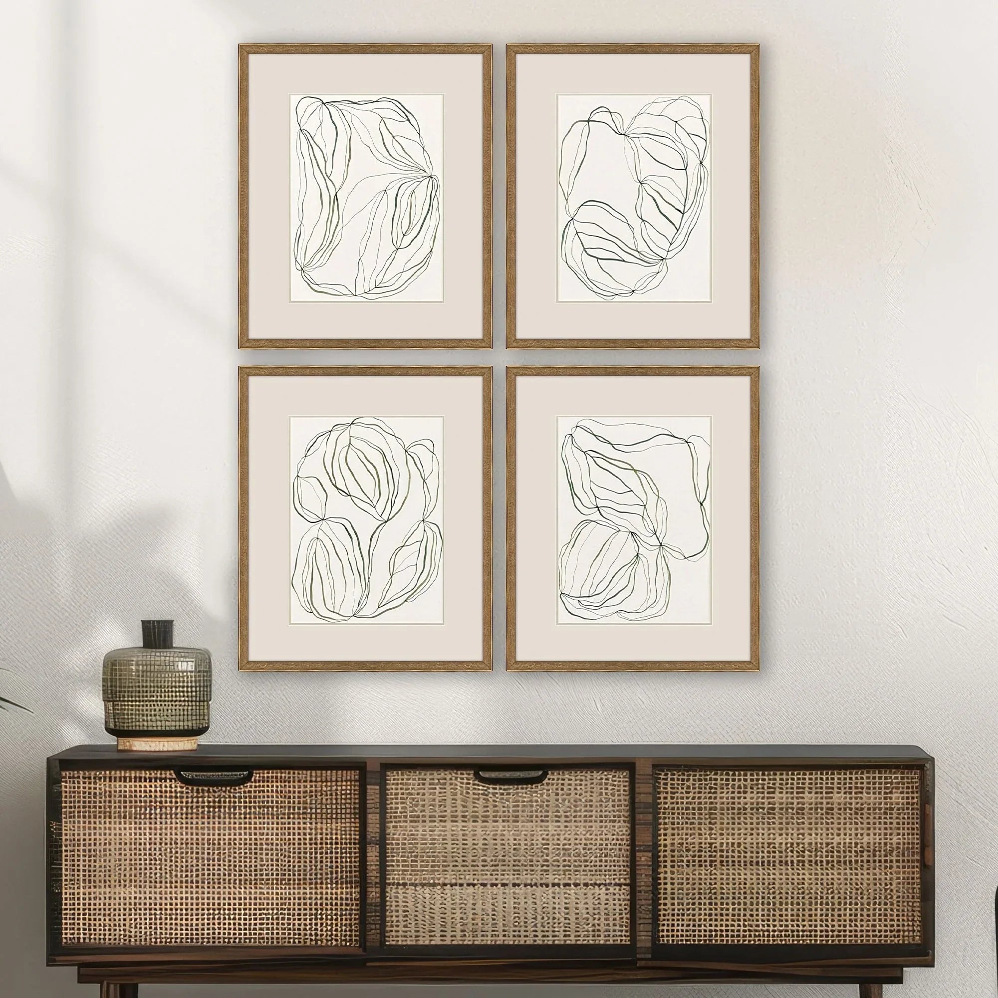Linear Composition Wood Frame Green Canvas Art 4PC