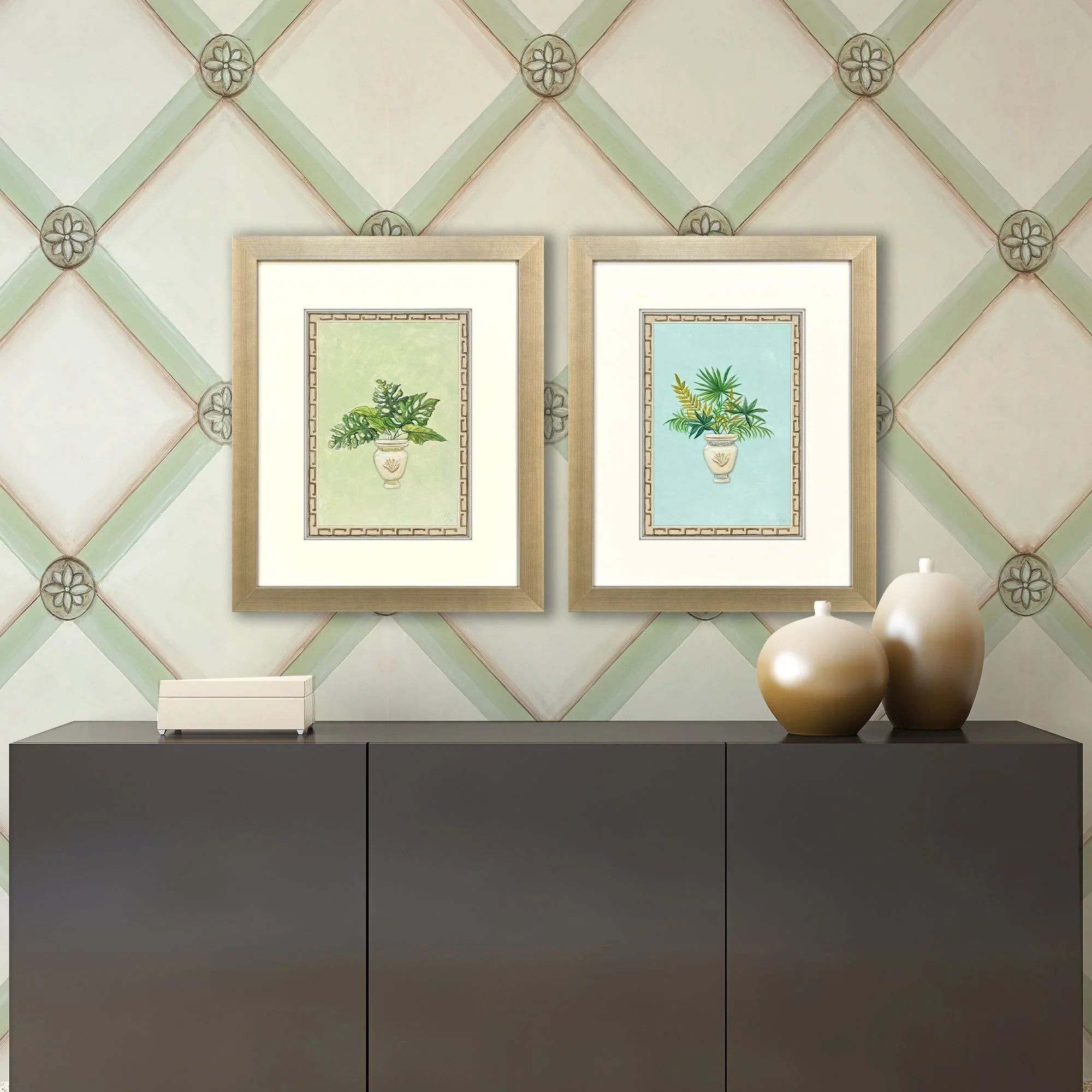 Grecian Vase Palm II Wood Frame Canvas Art 2PC