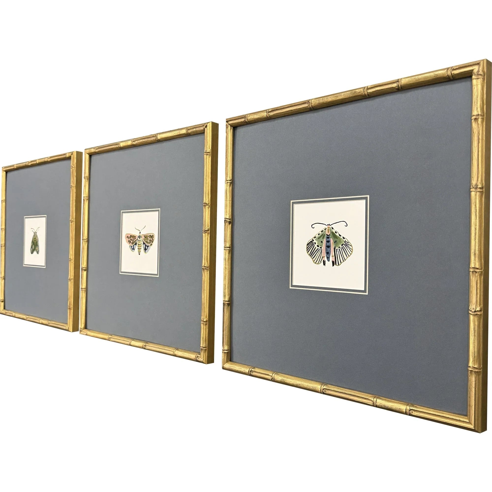 Pastel Moths Wood Frame Green Canvas Art 3PC