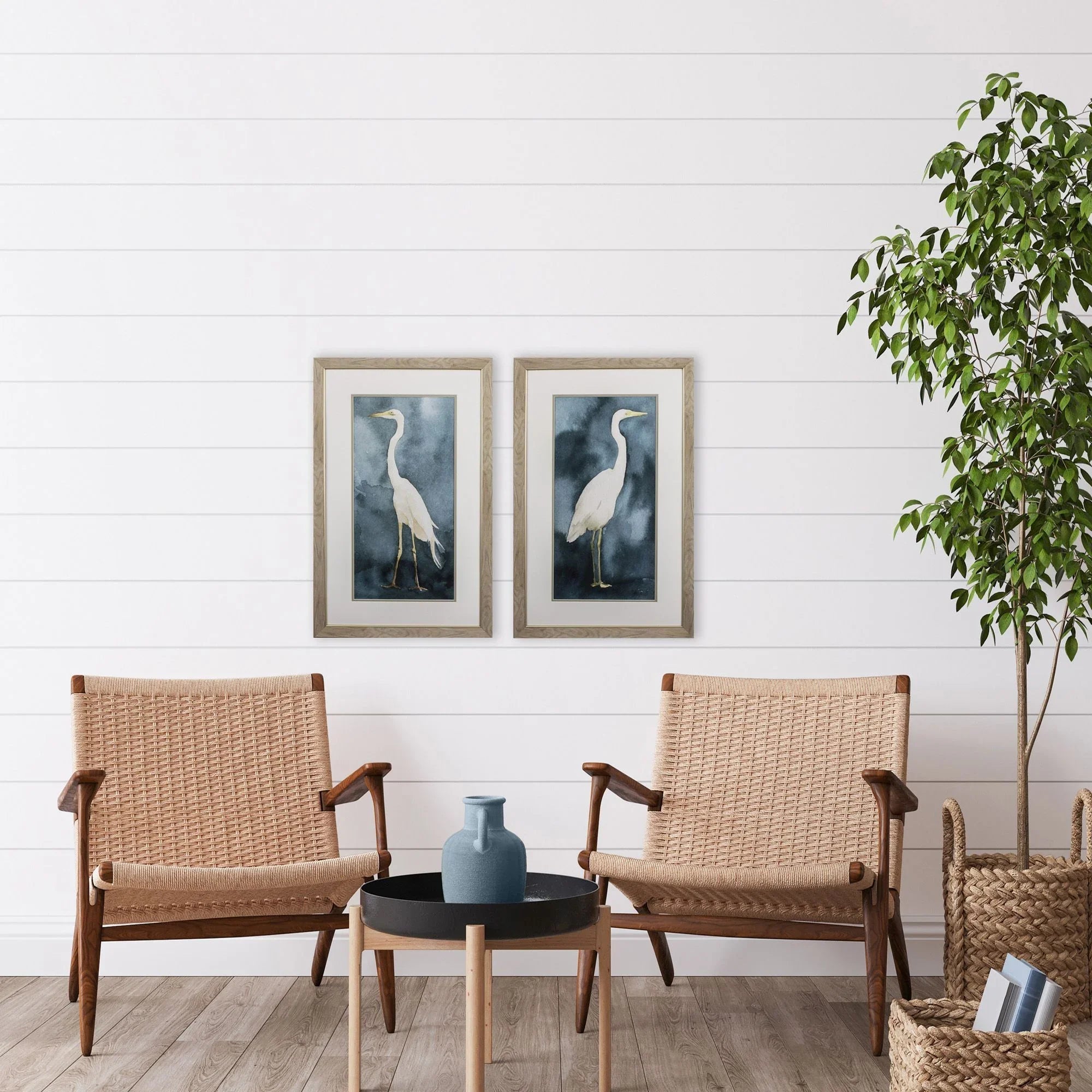 Simple Egret Teal Canvas Art 2PC