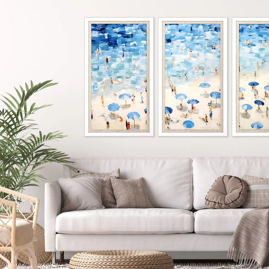 Aerial Beach Wood Frame Blue Canvas Art