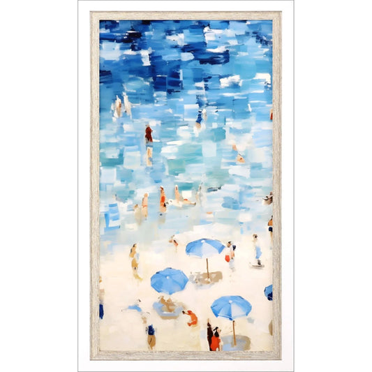 Aerial Beach Wood Frame Blue Canvas Art
