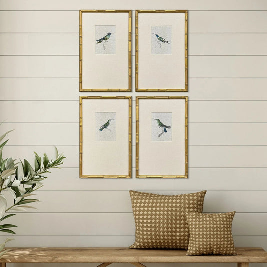 Antique Hummingbirds Wood Frame Green Canvas Art 4PC
