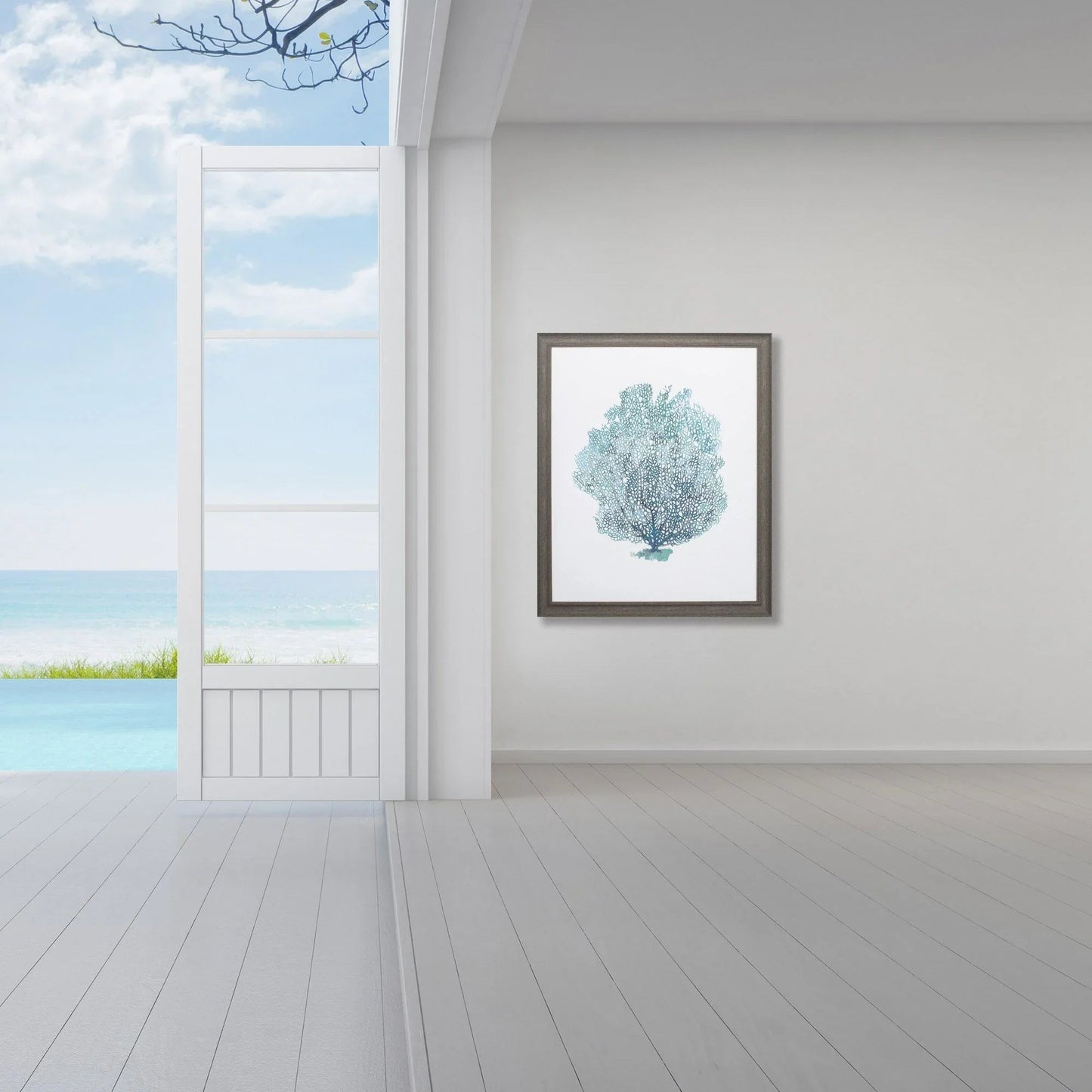 Aqua Coral on Rustic Wood Grain Frame Canvas Art