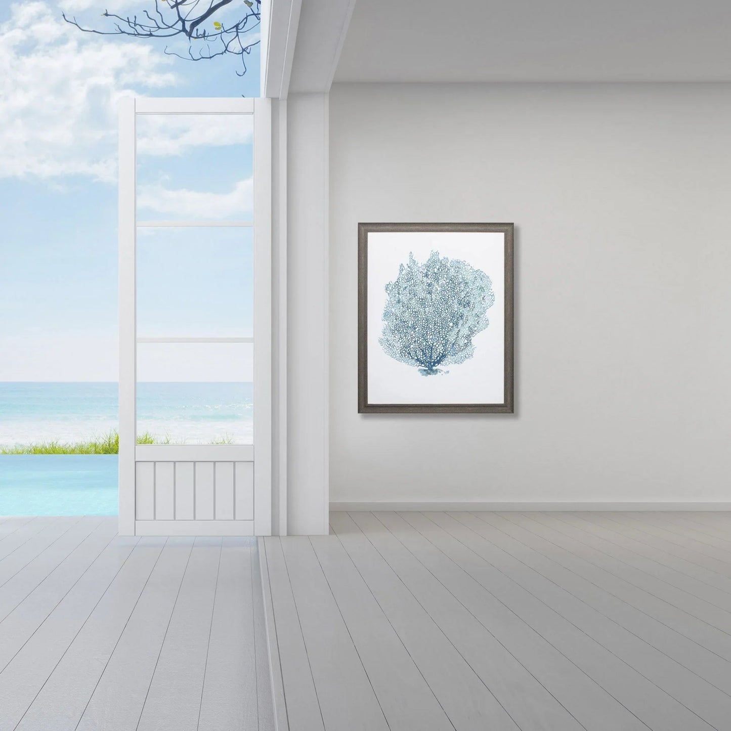 Aqua Coral on Rustic Wood Grain Frame Canvas Art