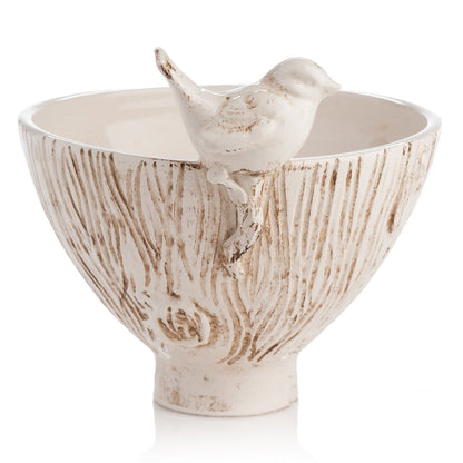 Artisan White Ceramic Bowl with Bird